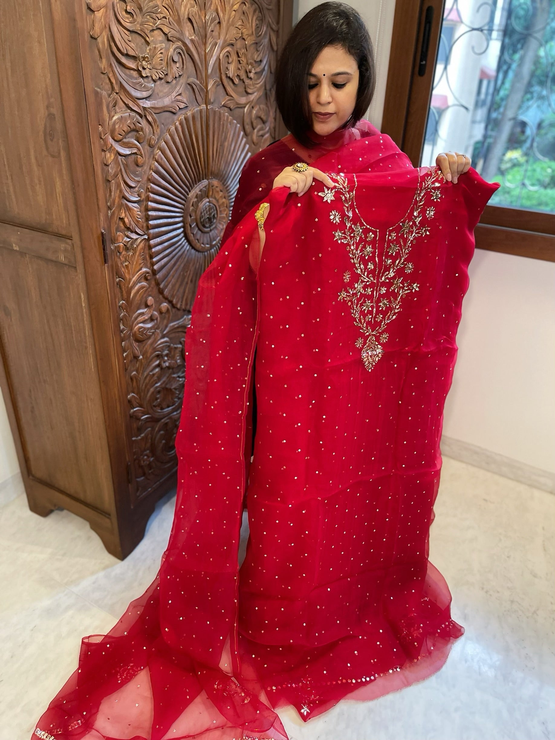 Reddish Maroon Suit Set with Mukaish Badla Handwork in Pure Organza - Masakalee