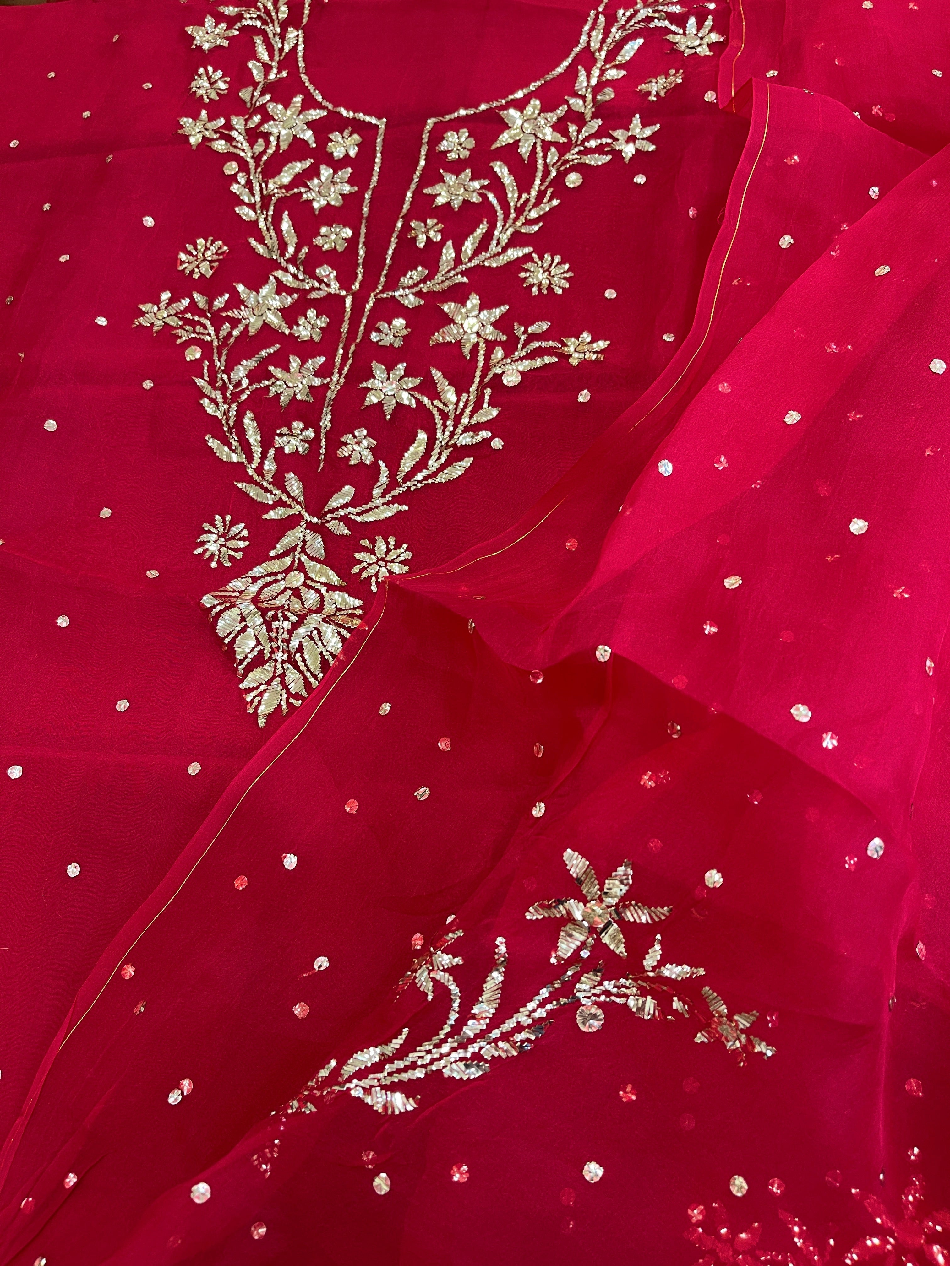 Reddish Maroon Suit Set with Mukaish Badla Handwork in Pure Organza - Masakalee