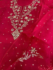 Reddish Maroon Suit Set with Mukaish Badla Handwork in Pure Organza - Masakalee