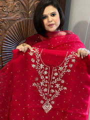 Reddish Maroon Suit Set with Mukaish Badla Handwork in Pure Organza - Masakalee