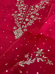 Reddish Maroon Suit Set with Mukaish Badla Handwork in Pure Organza - Masakalee