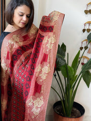 Reddish Rust Ajrakh Handblock Printed Organza Crepe Dupatta with Banarasi Border - Masakalee
