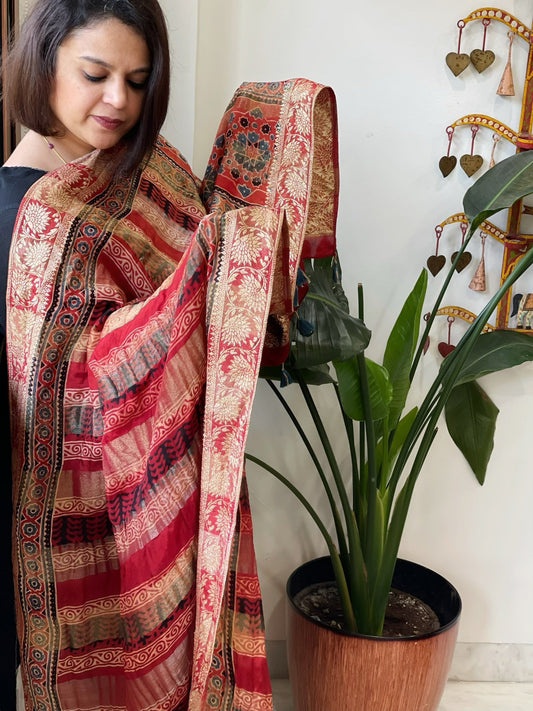 Reddish Rust Ajrakh Handblock Printed Organza Crepe Dupatta with Banarasi Border - Masakalee
