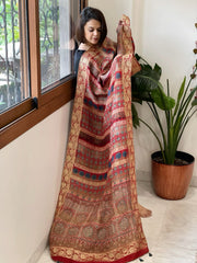 Reddish Rust Ajrakh Handblock Printed Organza Crepe Dupatta with Banarasi Border - Masakalee