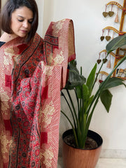 Reddish Rust Ajrakh Handblock Printed Organza Crepe Dupatta with Banarasi Border - Masakalee