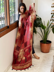 Reddish Rust Ajrakh Handblock Printed Organza Crepe Dupatta with Banarasi Border - Masakalee