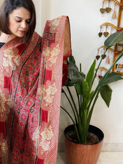 Reddish Rust Ajrakh Handblock Printed Organza Crepe Dupatta with Banarasi Border - Masakalee