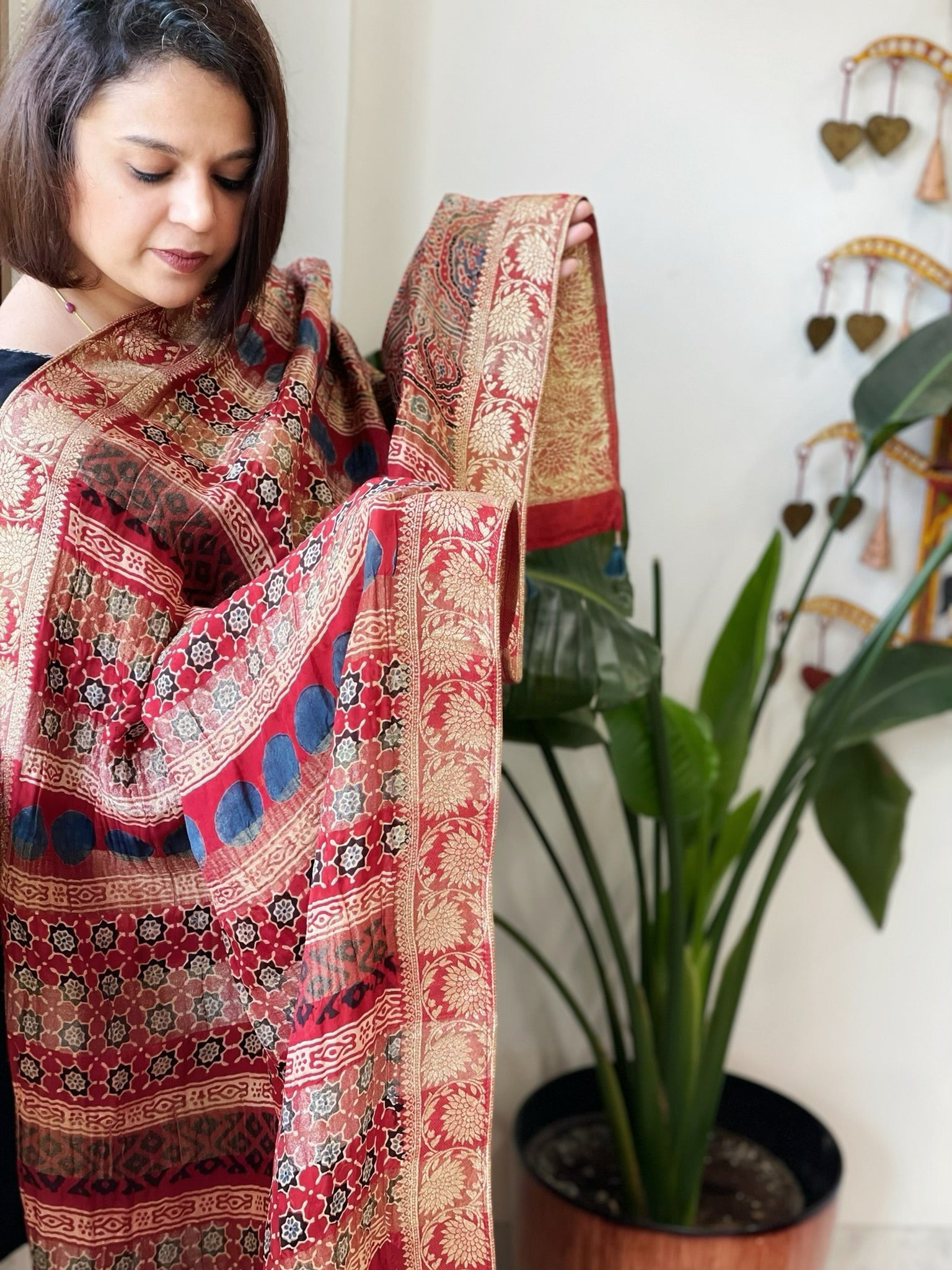 Reddish Rust Ajrakh Handblock Printed Organza Crepe Dupatta with Banarasi Border - Masakalee