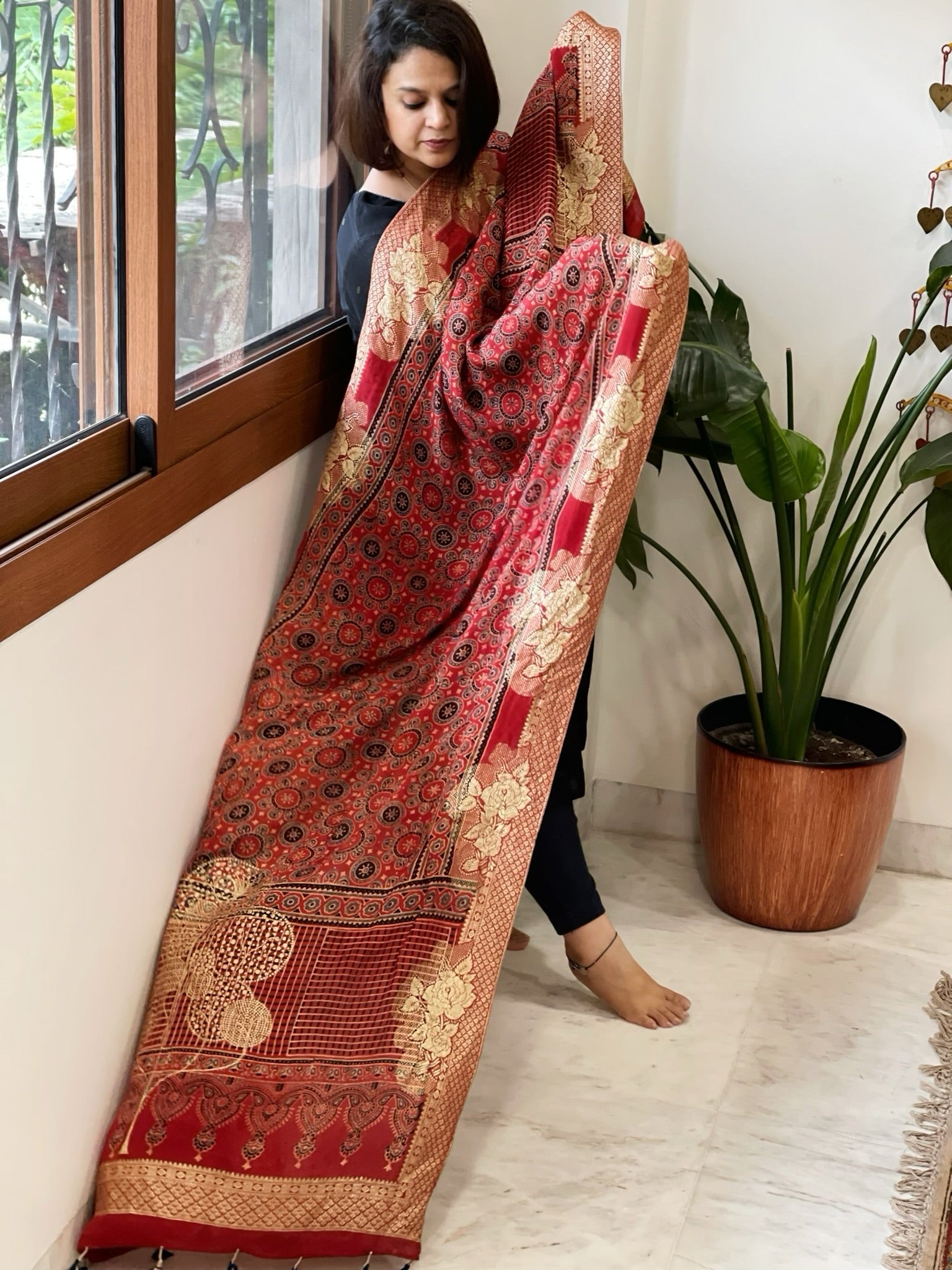 Reddish Rust Ajrakh Handblock Printed Organza Crepe Dupatta with Banarasi Border - Masakalee