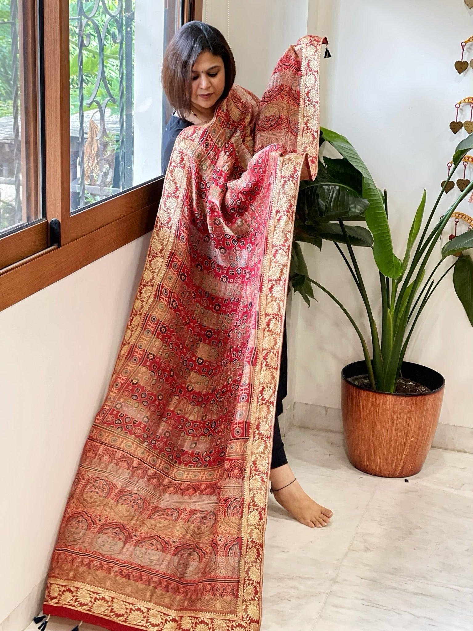 Reddish Rust Ajrakh Handblock Printed Organza Dupatta with Banarasi Border - Masakalee
