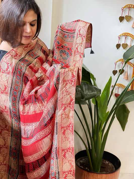 Reddish Rust Ajrakh Handblock Printed Organza Dupatta with Banarasi Border - Masakalee