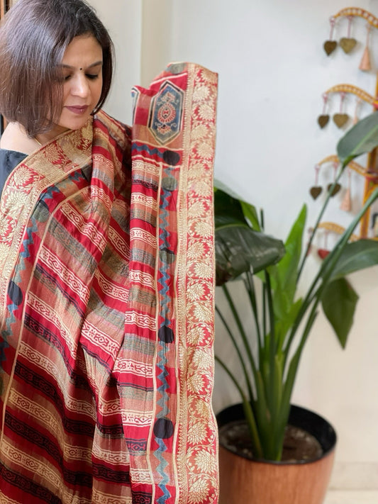 Reddish Rust Ajrakh Handblock Printed Organza Dupatta with Banarasi Border - Masakalee