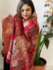 Reddish Rust Ajrakh Handblock Printed Organza Dupatta with Banarasi Border - Masakalee