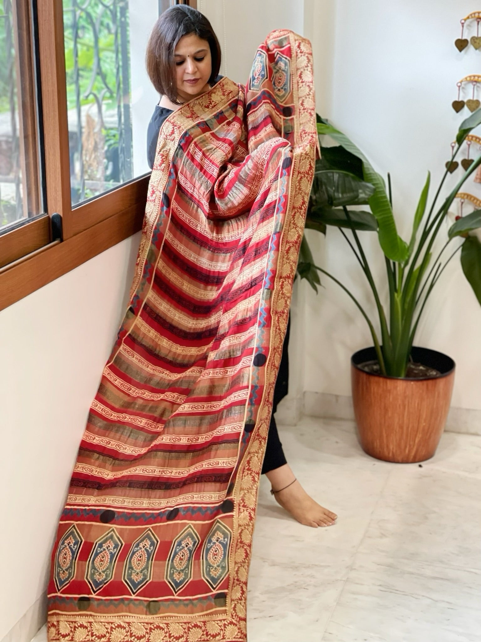 Reddish Rust Ajrakh Handblock Printed Organza Dupatta with Banarasi Border - Masakalee
