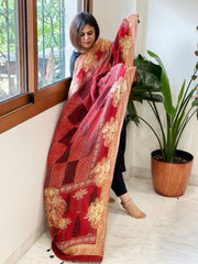 Reddish Rust Ajrakh Handblock Printed Organza Dupatta with Banarasi Border - Masakalee