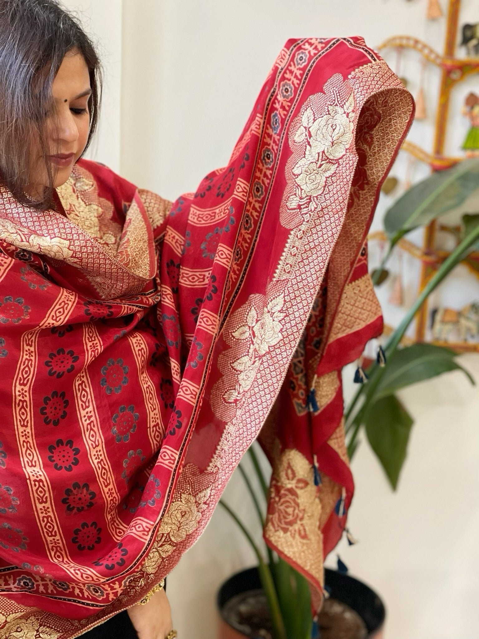 Reddish Rust Ajrakh Handblock Printed Organza Dupatta with Banarasi Border - Masakalee
