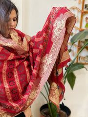 Reddish Rust Ajrakh Handblock Printed Organza Dupatta with Banarasi Border - Masakalee