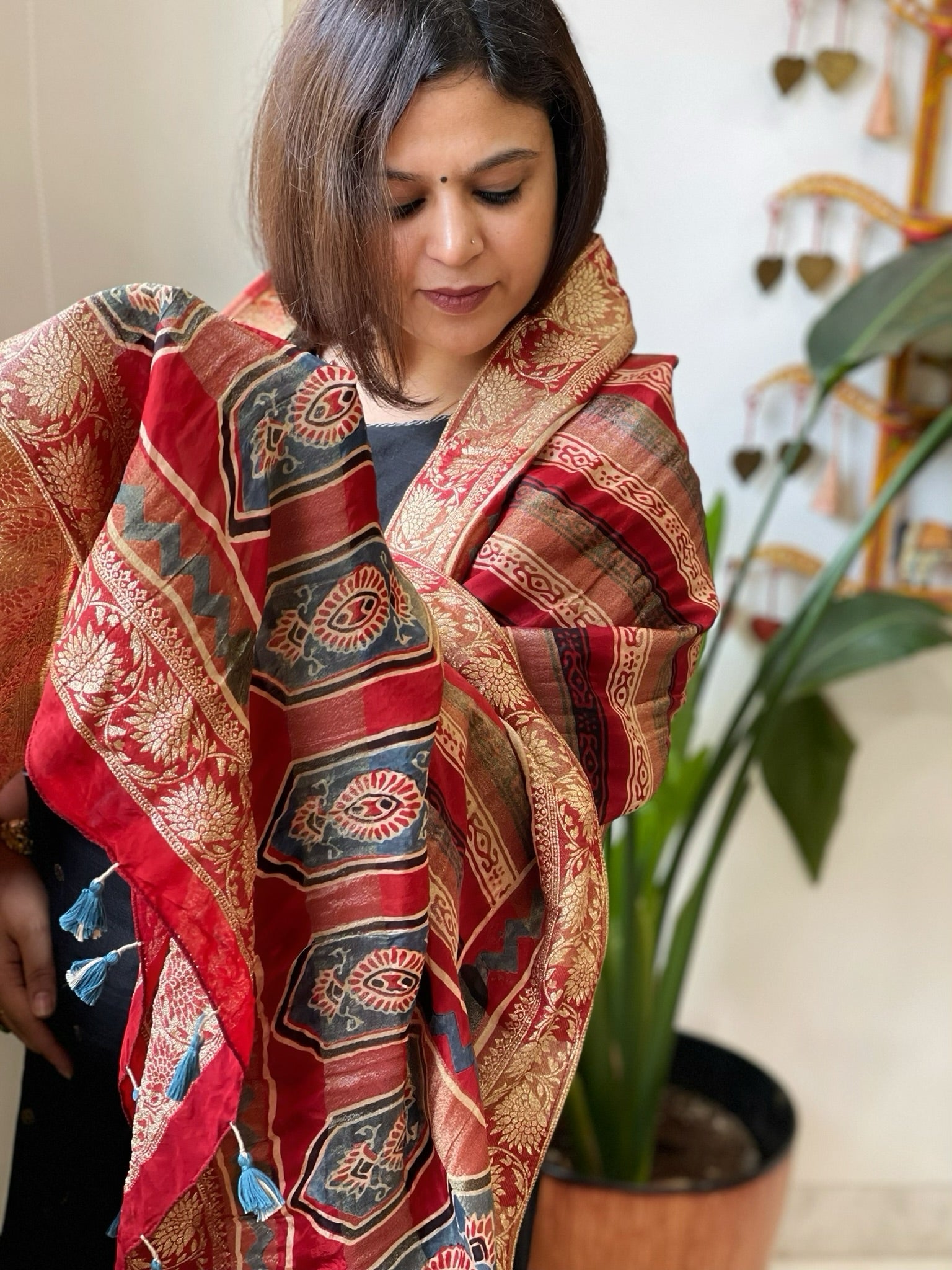 Reddish Rust Ajrakh Handblock Printed Organza Dupatta with Banarasi Border - Masakalee