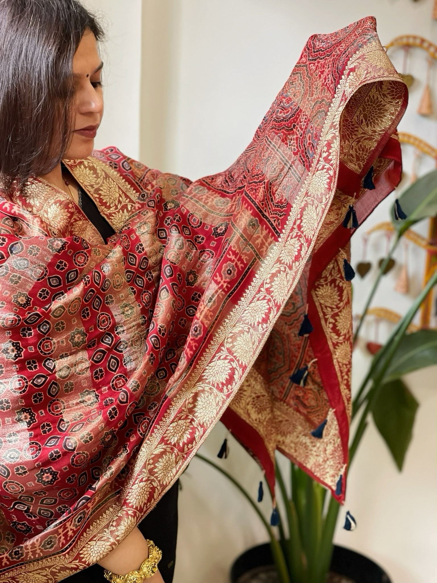 Reddish Rust Ajrakh Handblock Printed Organza Dupatta with Banarasi Border - Masakalee