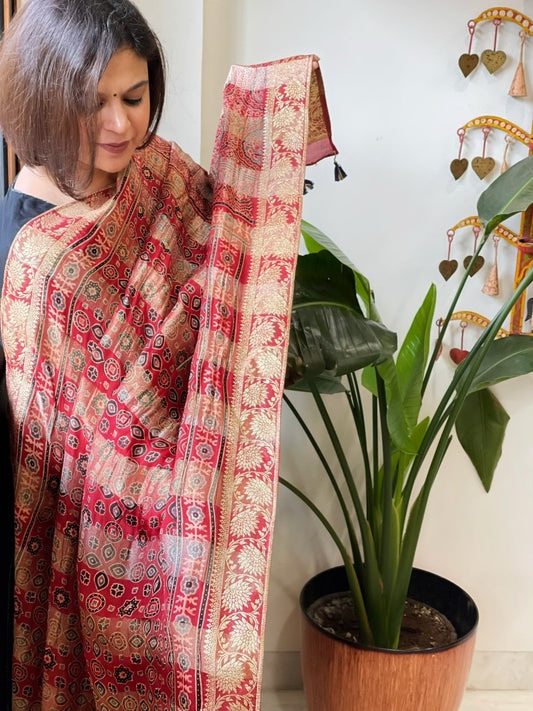 Reddish Rust Ajrakh Handblock Printed Organza Dupatta with Banarasi Border - Masakalee