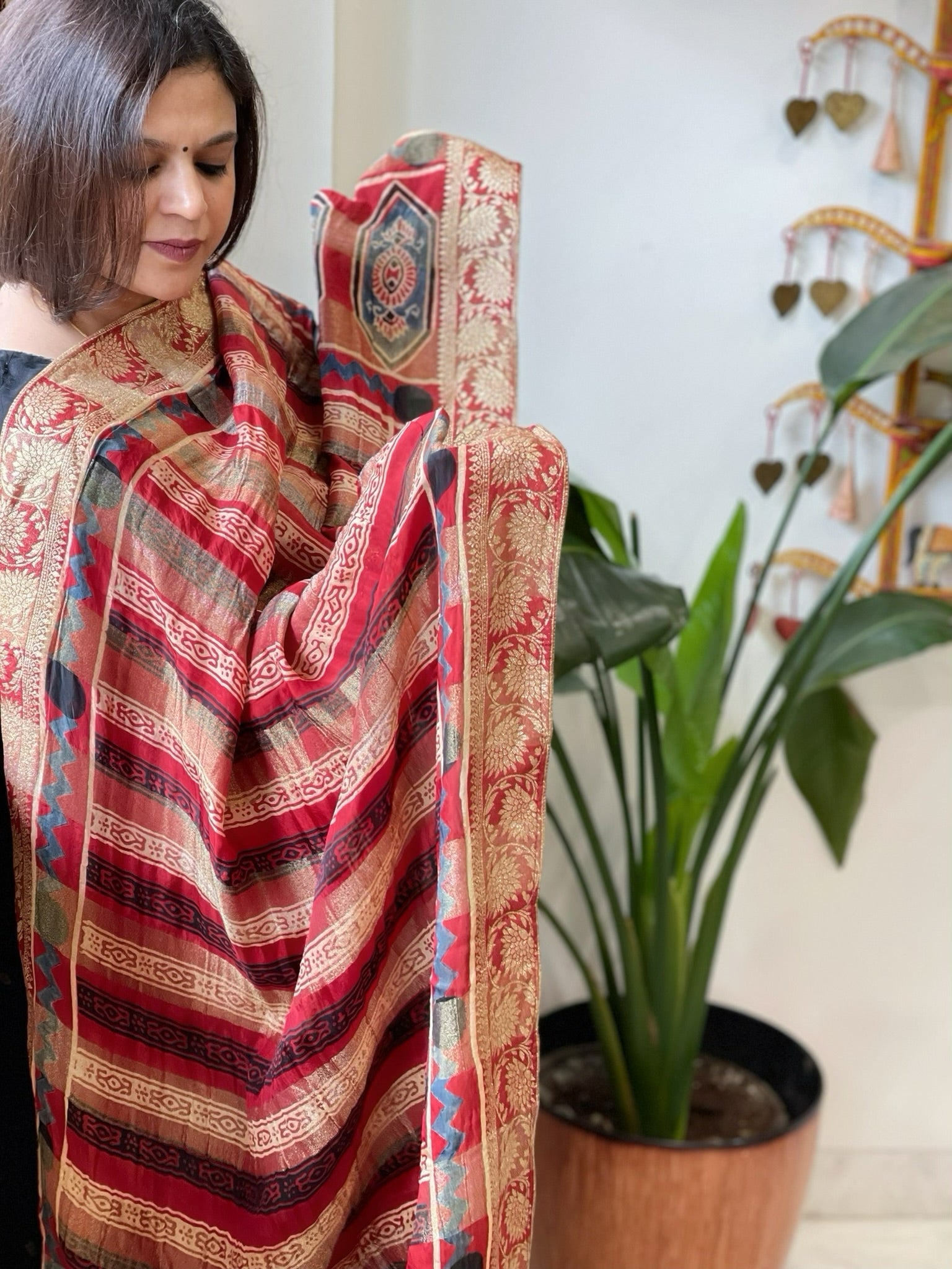 Reddish Rust Ajrakh Handblock Printed Organza Dupatta with Banarasi Border - Masakalee
