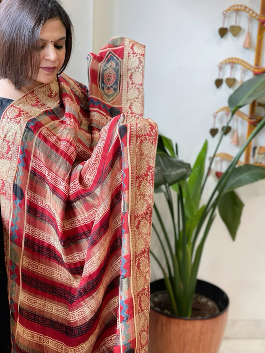 Reddish Rust Ajrakh Handblock Printed Organza Dupatta with Banarasi Border - Masakalee
