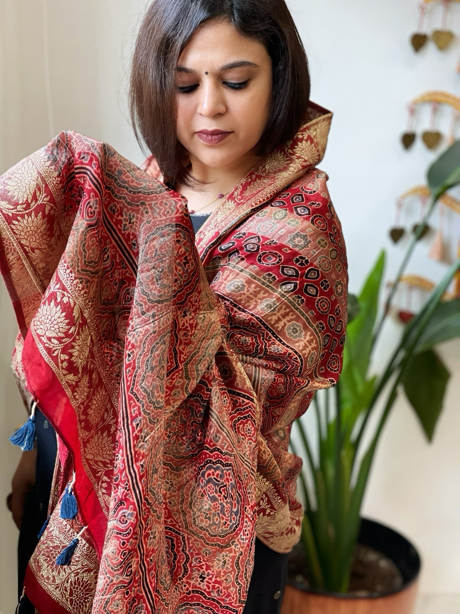 Reddish Rust Ajrakh Handblock Printed Organza Dupatta with Banarasi Border - Masakalee