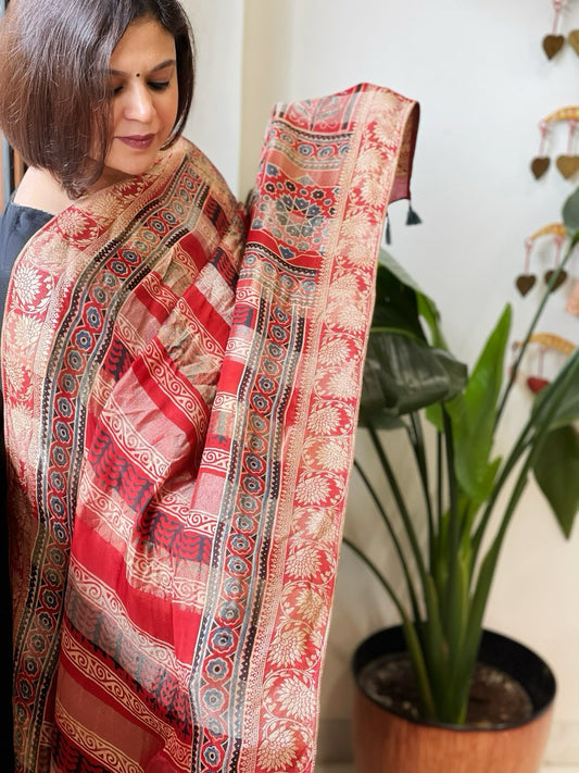 Reddish Rust Ajrakh Handblock Printed Organza Dupatta with Banarasi Border - Masakalee