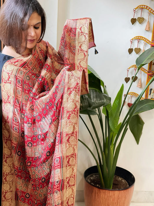 Reddish Rust Ajrakh Handblock Printed Organza Dupatta with Banarasi Border - Masakalee