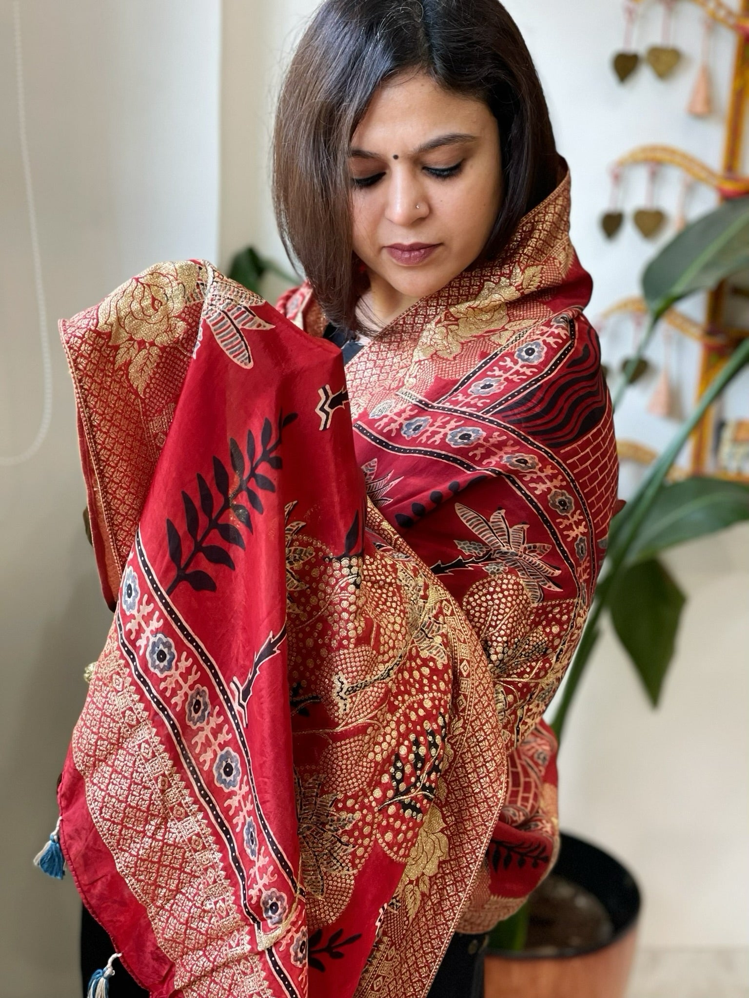 Reddish Rust Ajrakh Handblock Printed Organza Dupatta with Banarasi Border - Masakalee