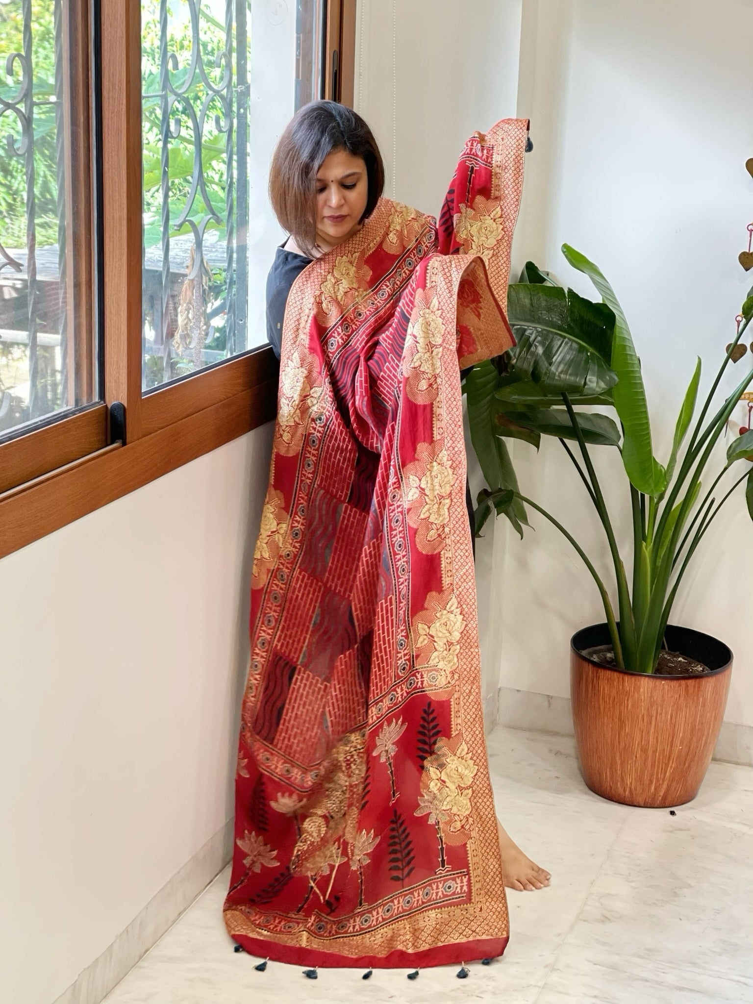 Reddish Rust Ajrakh Handblock Printed Organza Dupatta with Banarasi Border - Masakalee