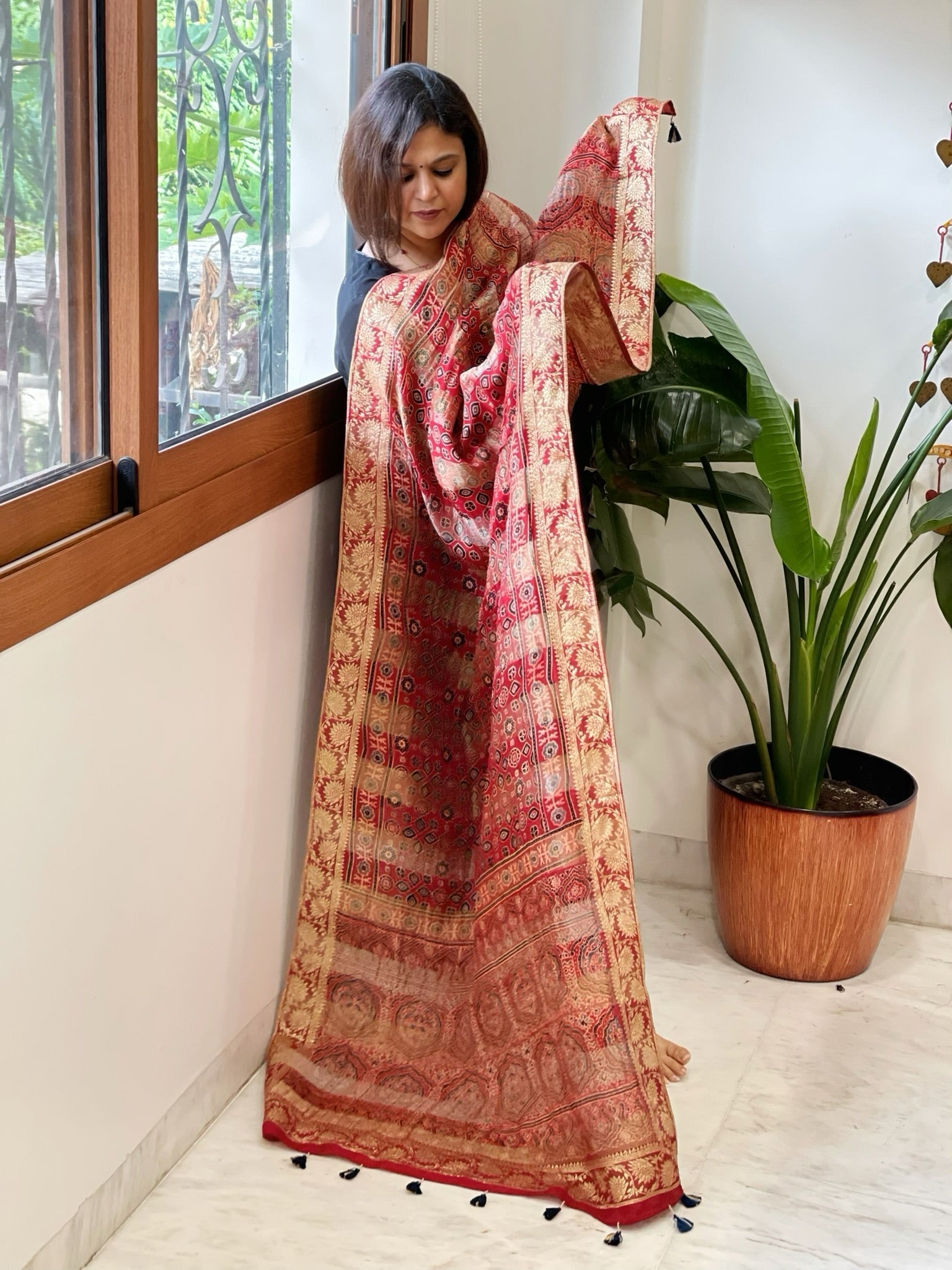 Reddish Rust Ajrakh Handblock Printed Organza Dupatta with Banarasi Border - Masakalee