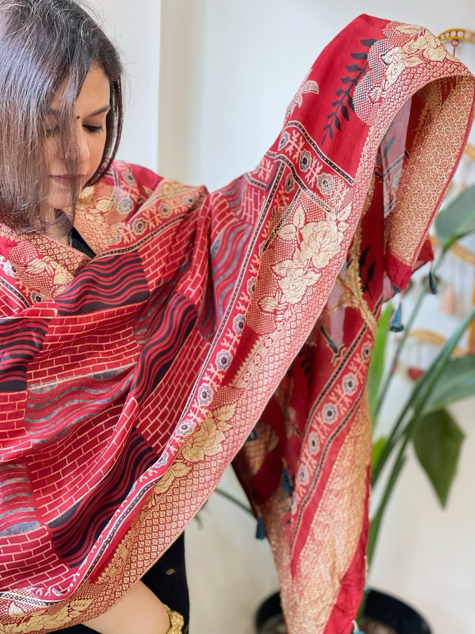 Reddish Rust Ajrakh Handblock Printed Organza Dupatta with Banarasi Border - Masakalee
