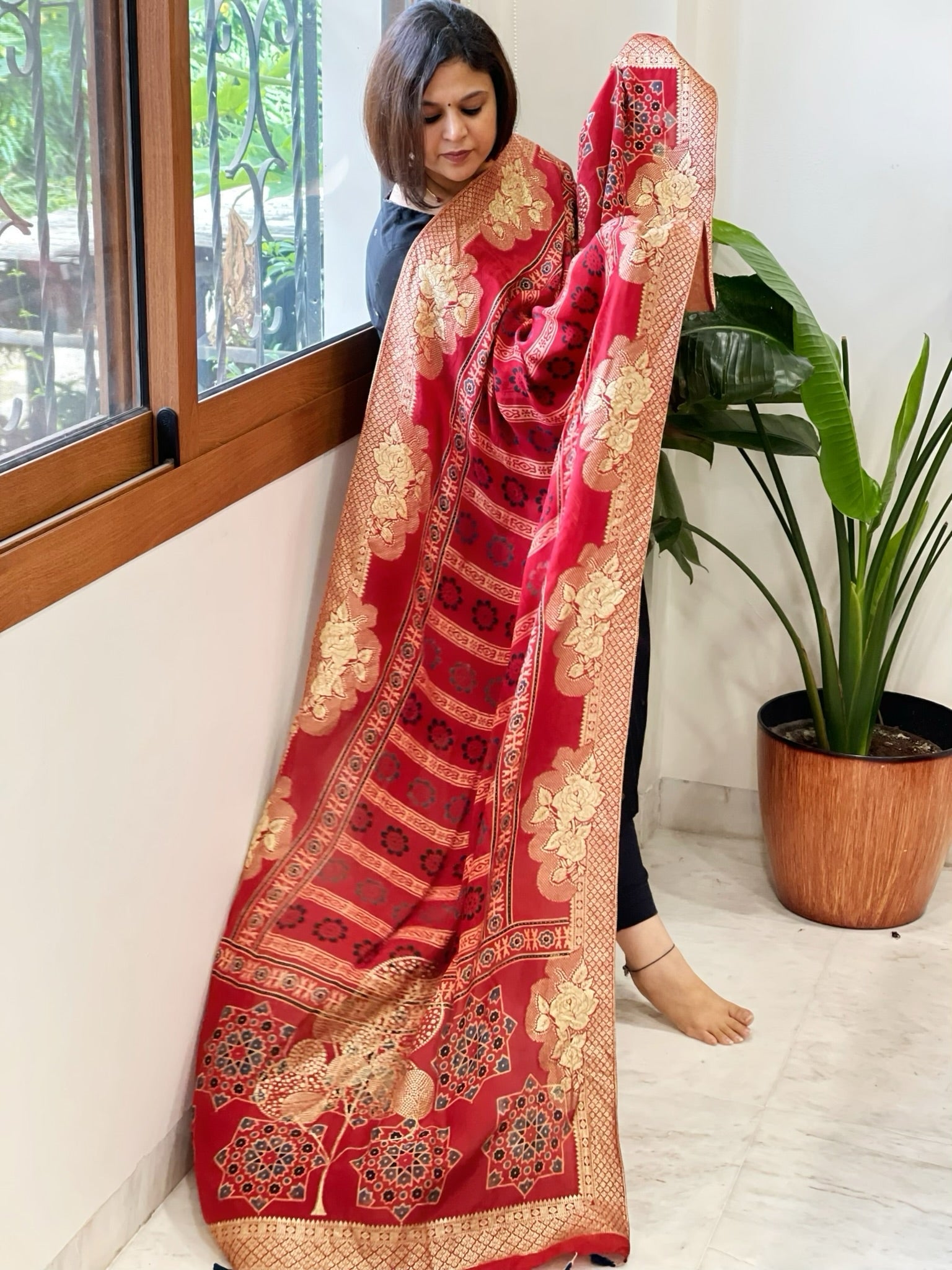 Reddish Rust Ajrakh Handblock Printed Organza Dupatta with Banarasi Border - Masakalee