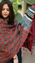 Reddish Rust Ajrakh Handblock Printed Silk - Woollen Shawl - Masakalee