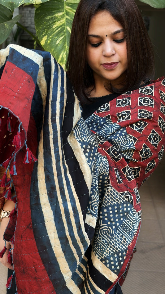 Reddish Rust Ajrakh Handblock Printed Silk - Woollen Shawl - Masakalee