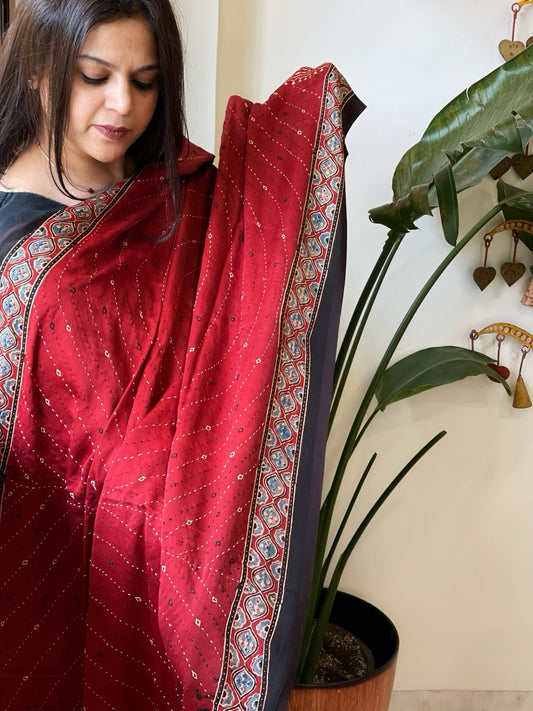 Reddish Rust Handblock Printed Ajrakh Dupatta with Kantha Stitch Hand Embroidery - Masakalee