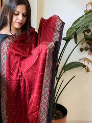 Reddish Rust Handblock Printed Ajrakh Dupatta with Kantha Stitch Hand Embroidery - Masakalee
