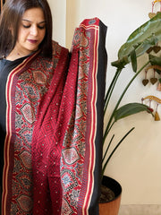 Reddish Rust Handblock Printed Ajrakh Dupatta with Kantha Stitch Hand Embroidery - Masakalee