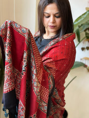 Reddish Rust Handblock Printed Ajrakh Dupatta with Kantha Stitch Hand Embroidery - Masakalee
