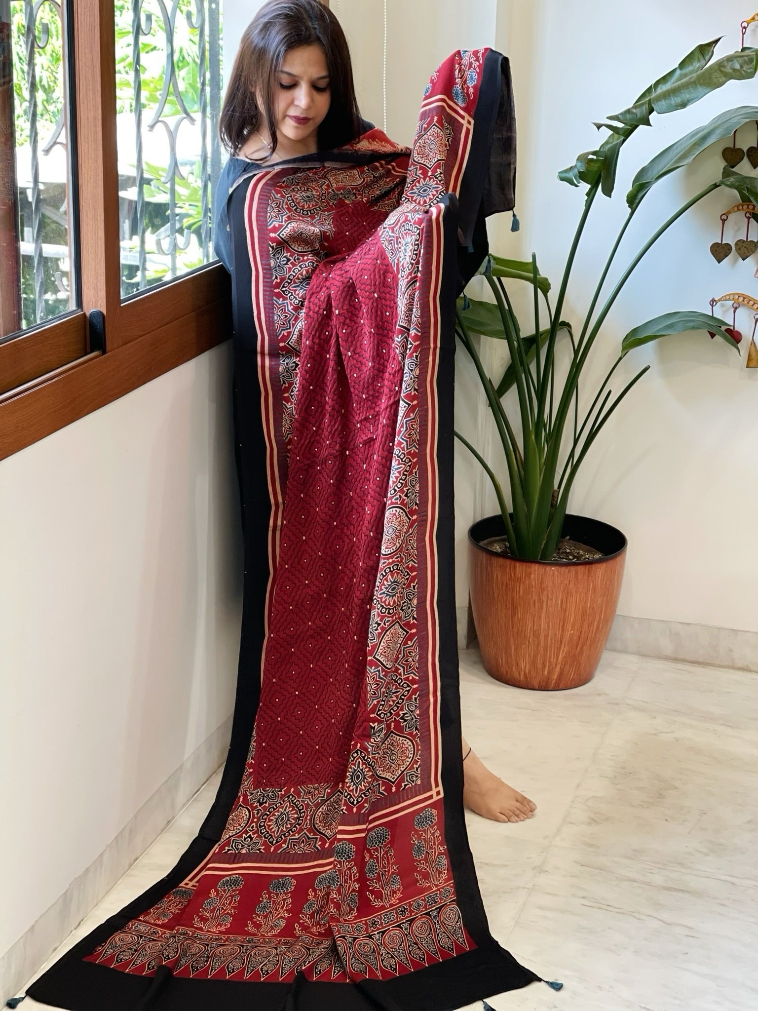 Reddish Rust Handblock Printed Ajrakh Dupatta with Kantha Stitch Hand Embroidery - Masakalee