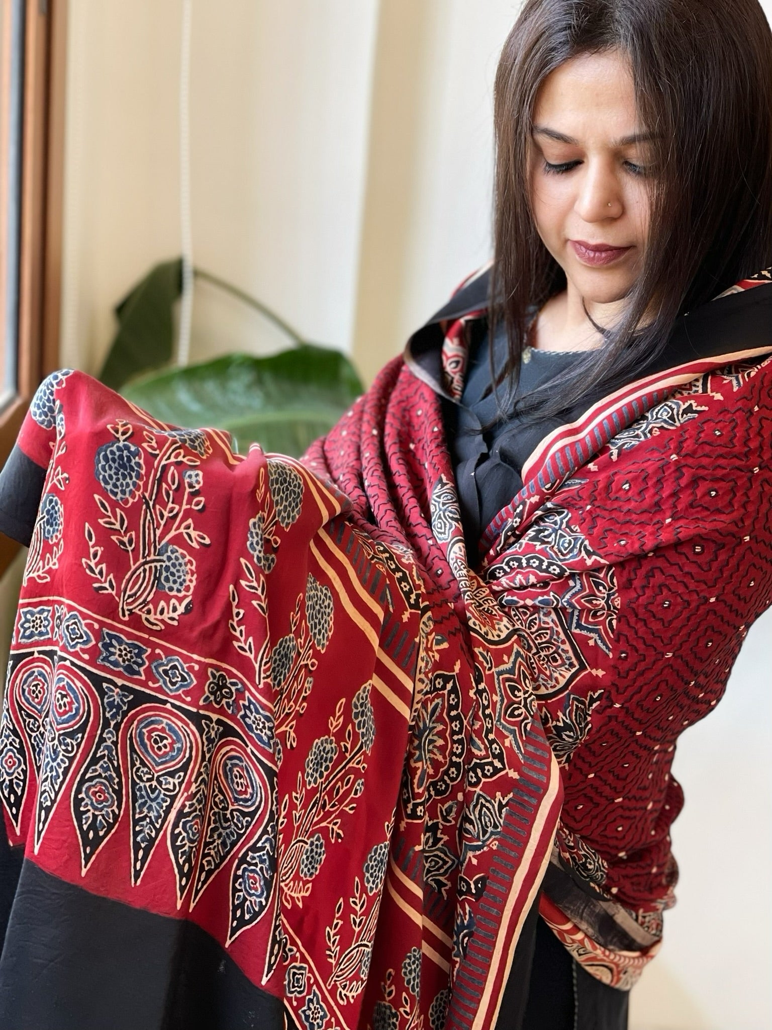 Reddish Rust Handblock Printed Ajrakh Dupatta with Kantha Stitch Hand Embroidery - Masakalee