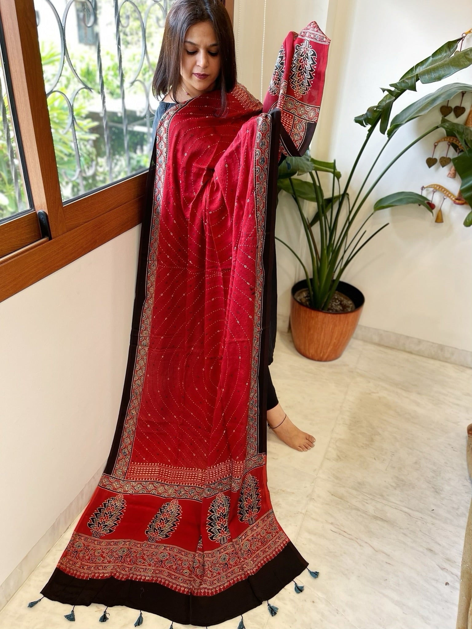 Reddish Rust Handblock Printed Ajrakh Dupatta with Kantha Stitch Hand Embroidery - Masakalee