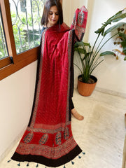Reddish Rust Handblock Printed Ajrakh Dupatta with Kantha Stitch Hand Embroidery - Masakalee
