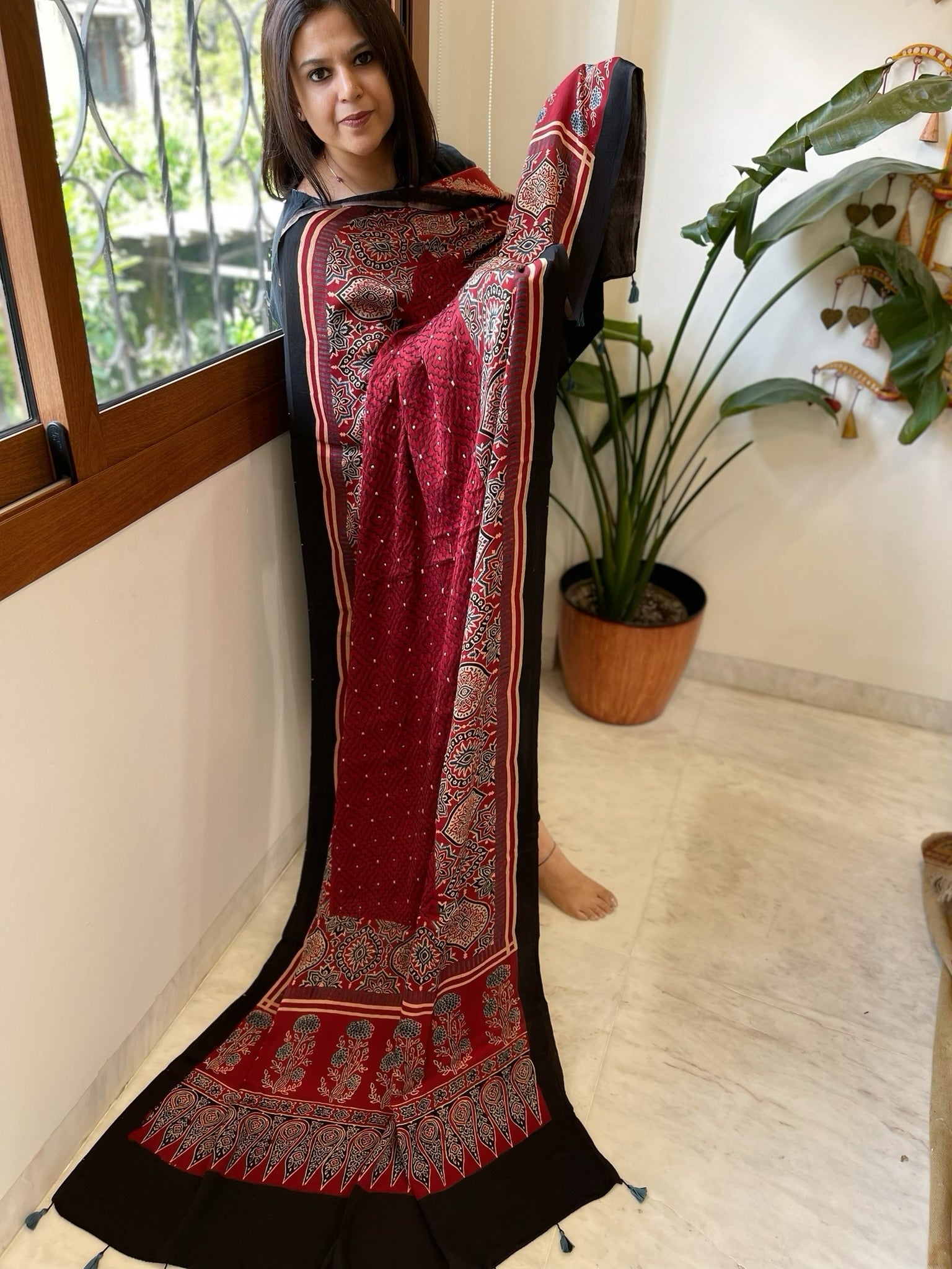 Reddish Rust Handblock Printed Ajrakh Dupatta with Kantha Stitch Hand Embroidery - Masakalee