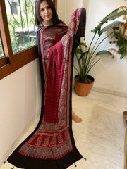 Reddish Rust Handblock Printed Ajrakh Dupatta with Kantha Stitch Hand Embroidery - Masakalee