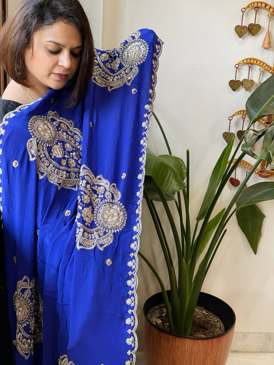 Royal Blue Crepe Dupatta with Pearl, Cut Daana, Gold Thread & Sequin Embroidery - Masakalee