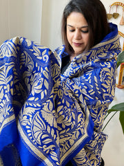 Royal Blue Handmade Nakshi Kantha Dupatta in Pure Silk - Masakalee