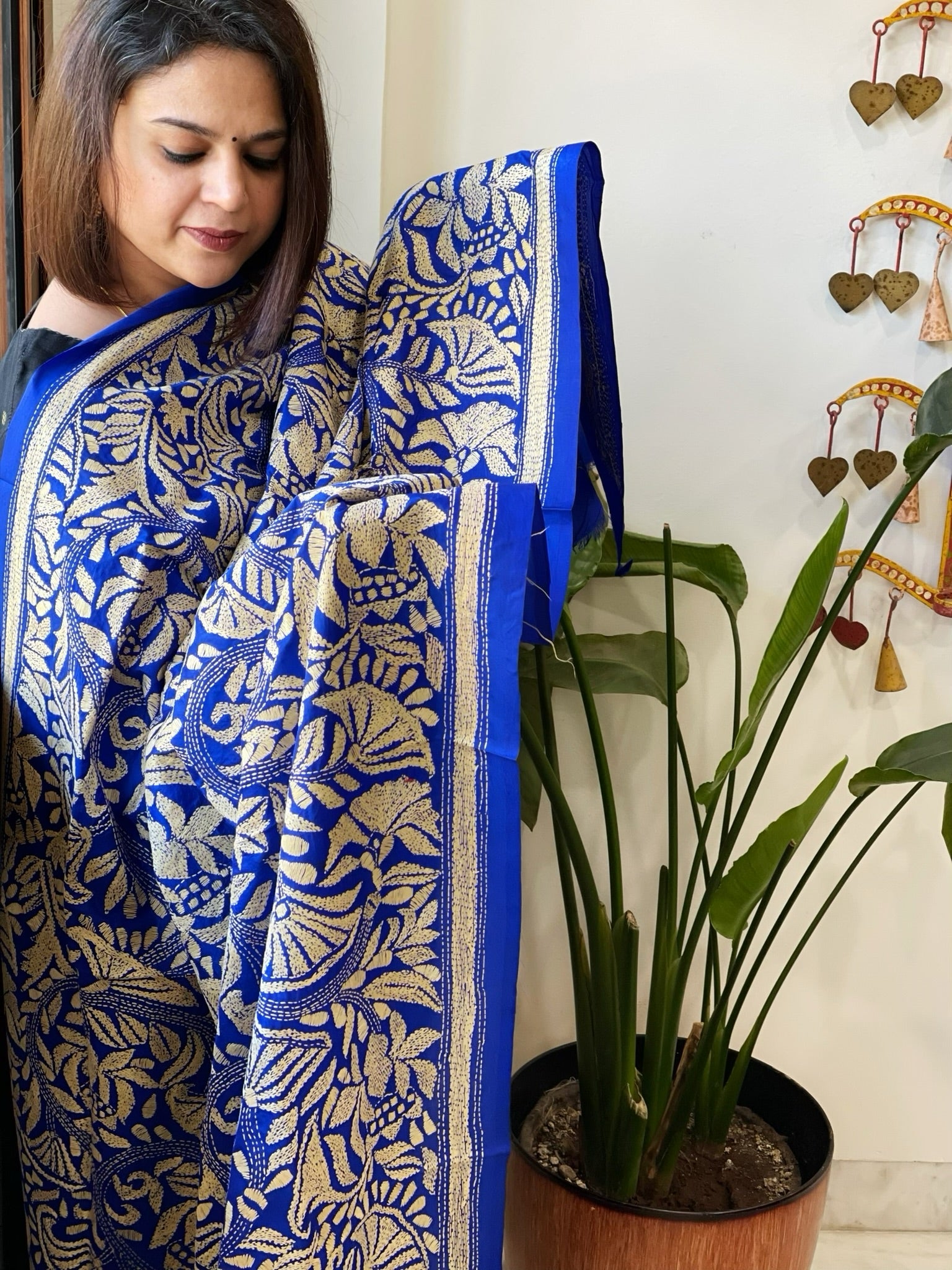 Royal Blue Handmade Nakshi Kantha Dupatta in Pure Silk - Masakalee