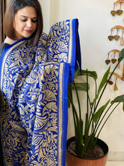 Royal Blue Handmade Nakshi Kantha Dupatta in Pure Silk - Masakalee